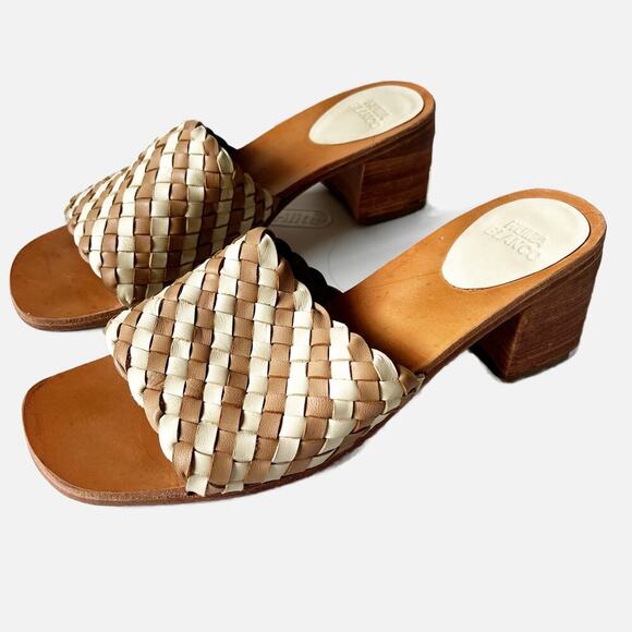 Huma Blanco  Gia Leather Woven Wooden Sandal Tan Cream Size 40/ 10 - Picture 1 of 6